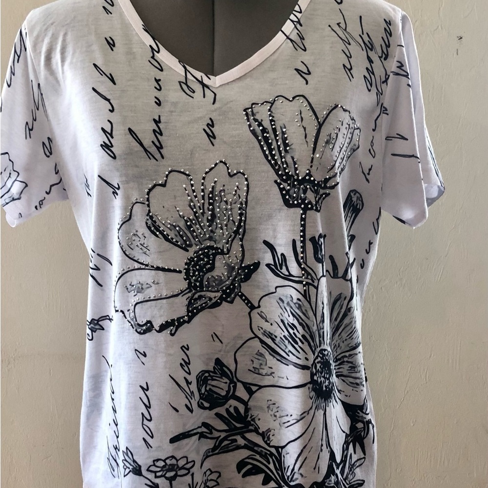 MILANO Womens Embellished Silver Studded T-Shirt Size Medium Black & White - Picture 2 of 14